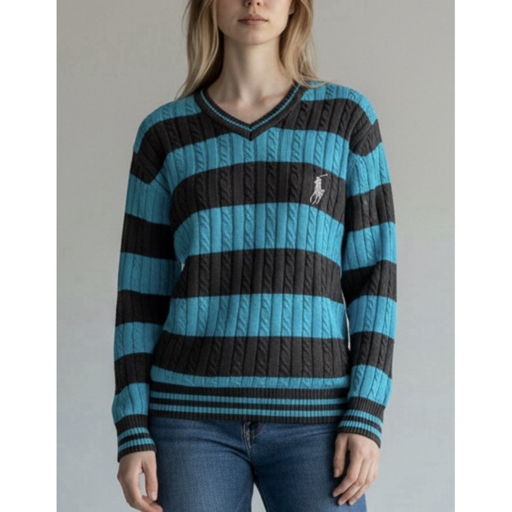 Vtg Polo Sport Ralph Lauren Womens Cable Knit V Neck Sweater Stripe Blue Black M